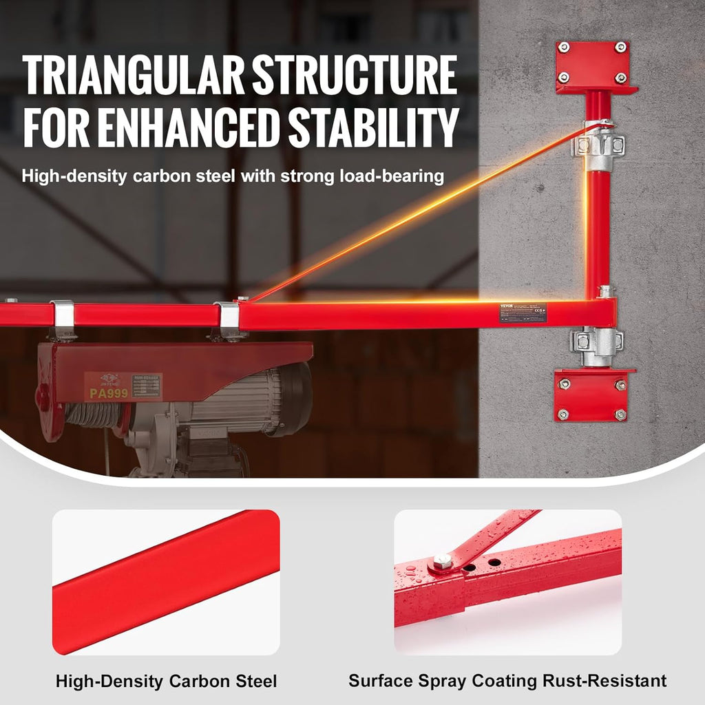 VEVOR Wall Mount Jib Crane, 660 lbs Max Load Capacity Electric Scaffolding Lift, Electric Hoist Holder Swing Arm with Pole, Steel Hoist Frame, 180° Swivel Scaffold Lifting Arm for Electric Hoist