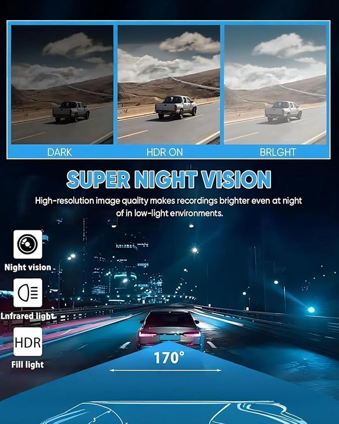 Car Dash Cam Wireless Front Rear 360 Full View 4K Dual Security 24HR Rechargeable 4 Channel Mirror Rearview Interior Auto Video On-Dash Mounted Driving Recorder Truck Electronics Accessory(32G)