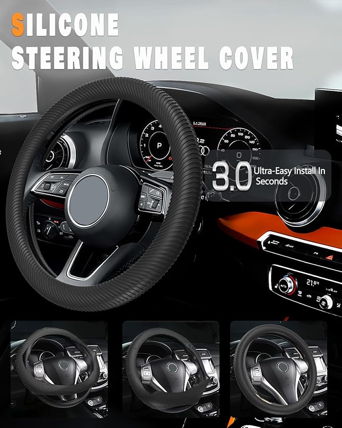 WOCOCN Car Steering Wheel Cover, Thin Anti-Skid Silicone Steering Wheel Cover for Men & Women, Universal Automotive Interior Accessories for Most Cars (Black)