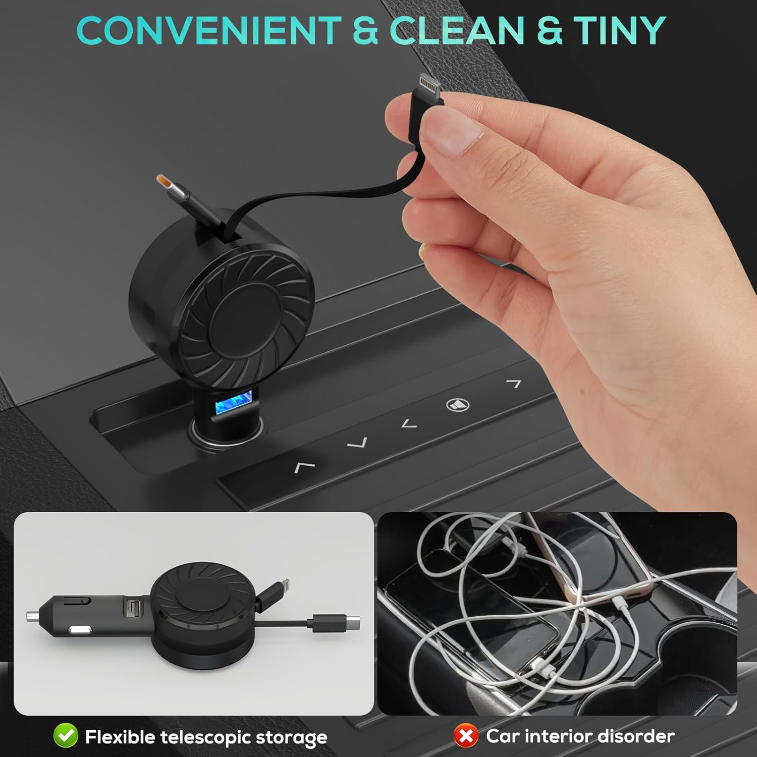 Retractable Car Charger (2Pack), 3 in 1 Fast Charging Phone Charge 50W, Mini Car Adapter with 2 Cables+1 Port Cigarette Lighter USB C Charger for Apple iPhone 15 Pro/Samsung/Android/Pixle