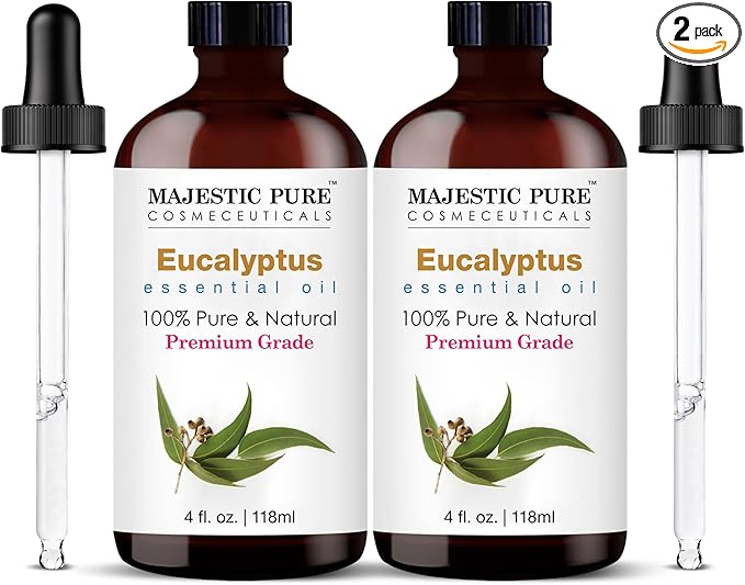 Majestic Pure Essential Oil with Glass Dropper - 100% Pure and Natural - Essential Oils for Diffuser, Aromatherapy, Soap and Candle Making, Eucalyptus Essential Oil, Eucalyptus Oil, 4 Fl Oz Pack of 2