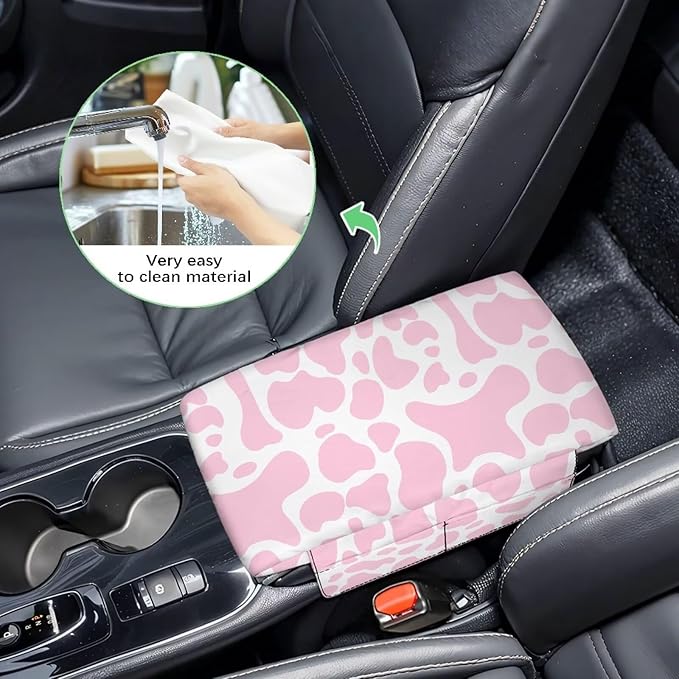 Dreaweet Pink Cow Print Center Console Cover for Car Thick Arm Rest Cover Pad with Pockets Cute Car Accessories for Women Interior Soft Anti Scratch Armrest Cover Cushion Pad