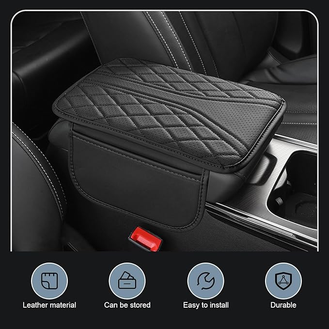 Car Center Console Cover, Leather Auto Armrest Cover with 2 Storage Bags, Universal Cars Armrest Cushion, Vehicle Interior Accessories Protector for Sedan, SUV, Truck (Black)