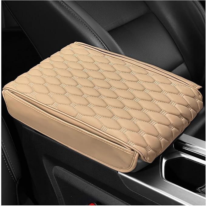Car Armrest Cushion, Memory Foam Auto Arm Rest Box Protector with 2 Storage Bags, Waterproof Leather Center Console Cover Universal for Most Vehicles, Car Accessories (Beige)
