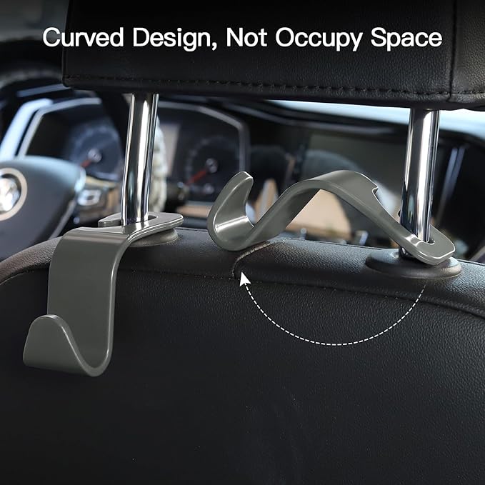 Soleebee 4 Pack Car Headrest Hooks - Universal Auto Hooks, Back Seat Hangers, Storage Organizer (Grey)
