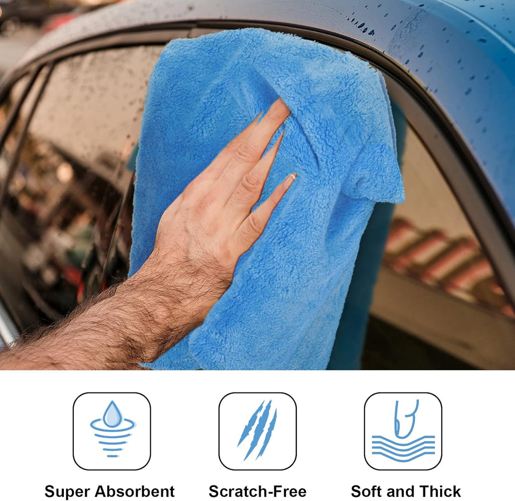 Shimeyao 30 Pcs Edgeless Microfiber Plush Towels for Cars Detailing Drying Wash Polishing Absorbent Cleaning Cloths, 500 GSM, 16 x 16 Inch(Light Blue)