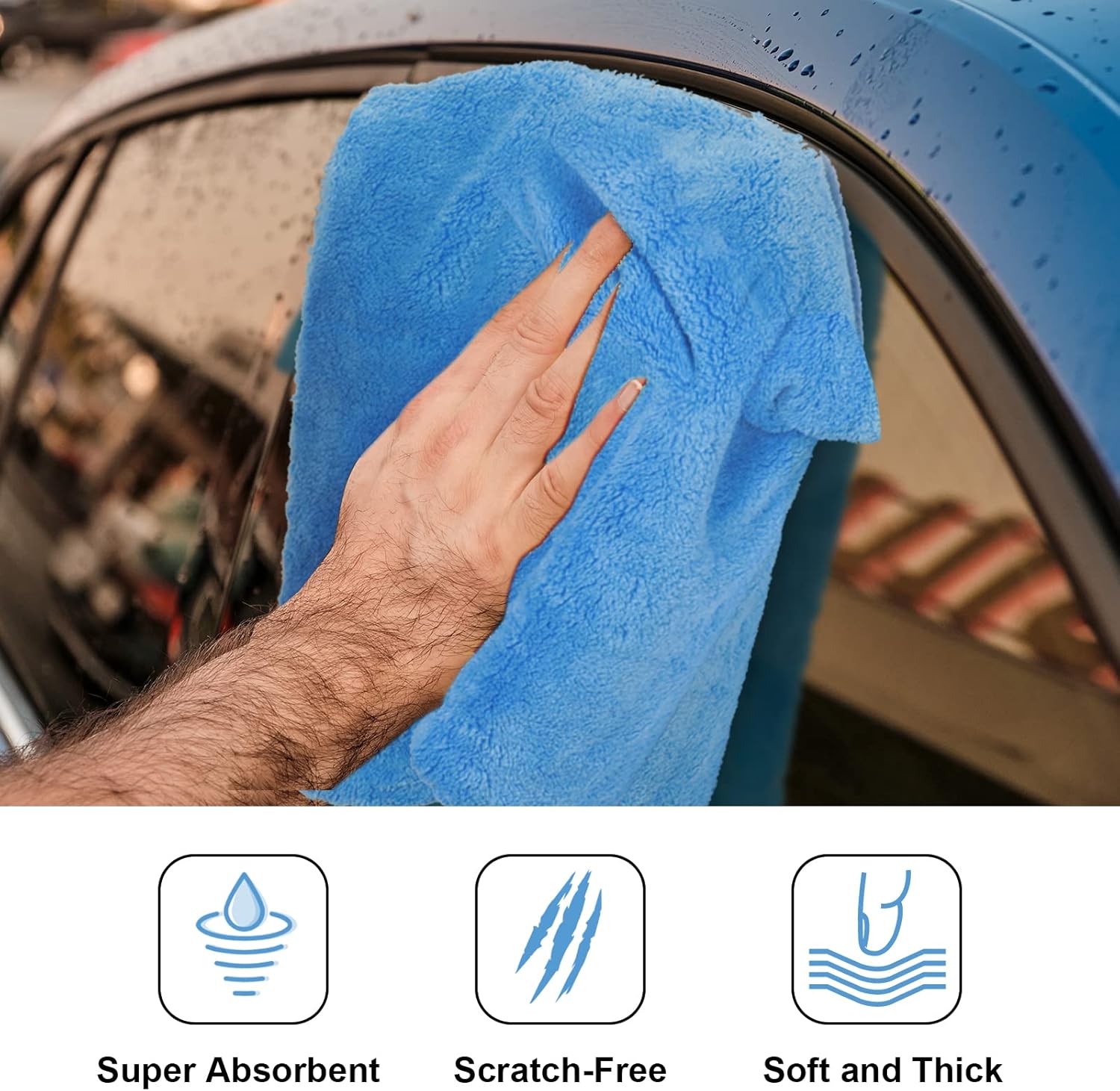 Shimeyao 30 Pcs Edgeless Microfiber Plush Towels for Cars Detailing Drying Wash Polishing Absorbent Cleaning Cloths, 500 GSM, 16 x 16 Inch(Light Blue)