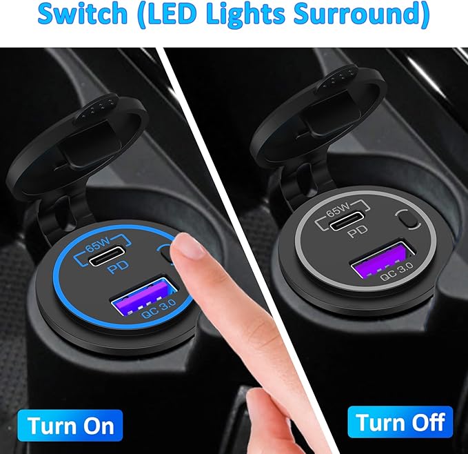 83W12V USB Outlet Qidoe 65W USB C for Laptop Car Charger Socket Quick Charge3.0 18W with Power Switch Long Body Waterproof Adapter for Car Boat Marine Truck Golf RV