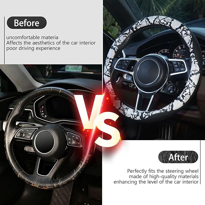 ZHOL Snake Skin Steering Wheel Cover, Breathable Microfiber Leather Universal 14.5-15 inch, Anti-Slip Car Steering Wheel Protector for Women Men, Black&White