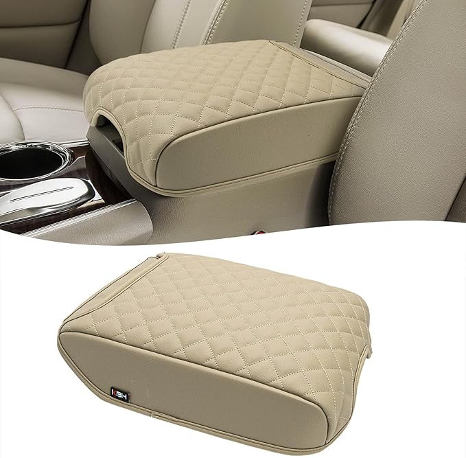 KBH Center Console Armrest Cover for Infiniti QX60 & JX35, Nissan Pathfinder 2013 2014 2015 2016 2017 2018 2019 2020, Vinyl Leather, Middle Console Lid Protector, Custom-fit Accessories, Beige
