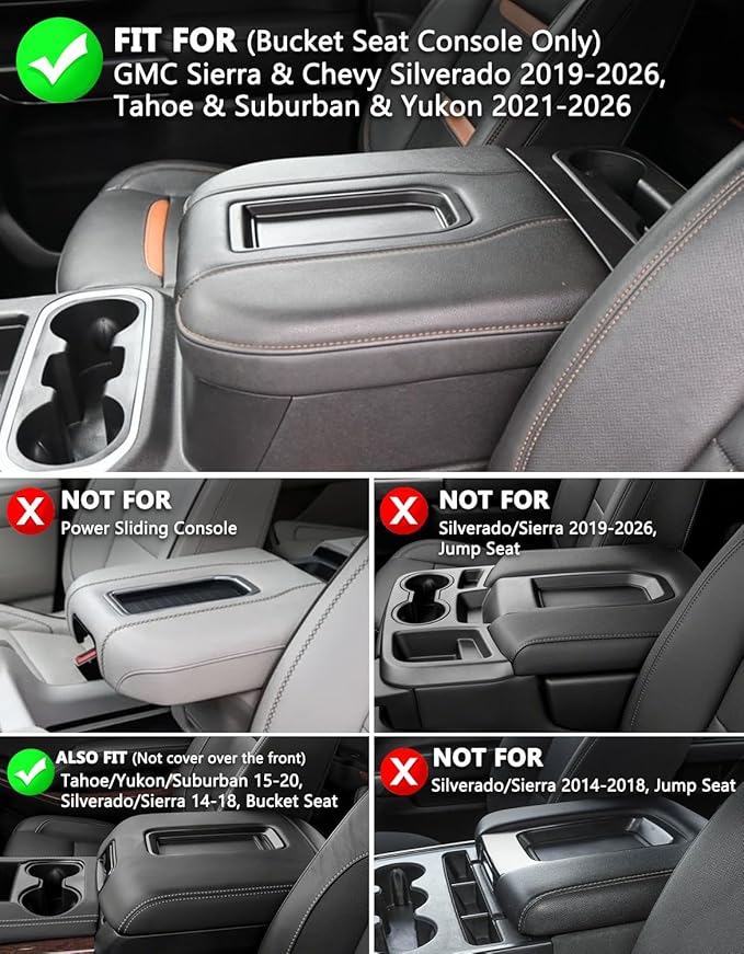 KBH Center Console Armrest Cover for Chevy Chevrolet Silverado & GMC Sierra 2019-2026, Tahoe & Suburban & Yukon 2021-2026, Bucket Seat Only, Vinyl Leather Car Arm Rest Box Cushion Pad Covering, Black