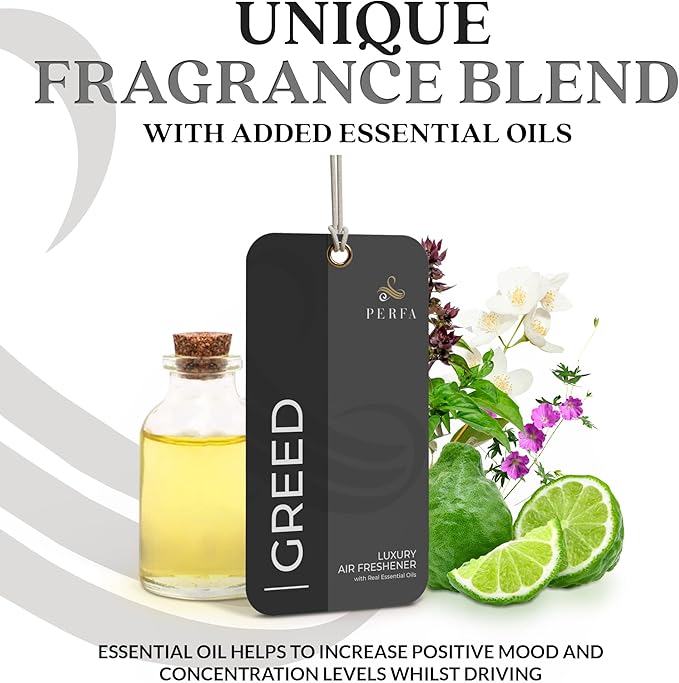 9PCS Greed Disposable Air Fresheners for Men | Long Lasting Car Air Freshener with Greed Fragrance | Lasts for 2 Weeks | Strong Car Perfume with Odour Eliminating Technology | by Perfa
