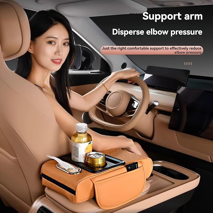 Multifunctional Pu Leather Car Armrest Box Mat, 5-In-1Multifunctional Car Armrest Cushion, Car Arm Rest Cover Pad, Center Console Organizer with Cup Holder, Tissue Box & Phone Slot (Black and Red)