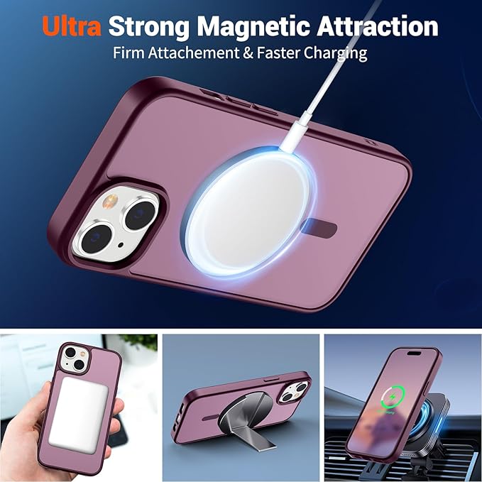 SUPFINE Magnetic for iPhone 15 Case (Compatible with MagSafe) (Military Grade Drop Protection) Slim Translucent Matte Shockproof with Anti-Fingerprint Phone Case, Wine Red