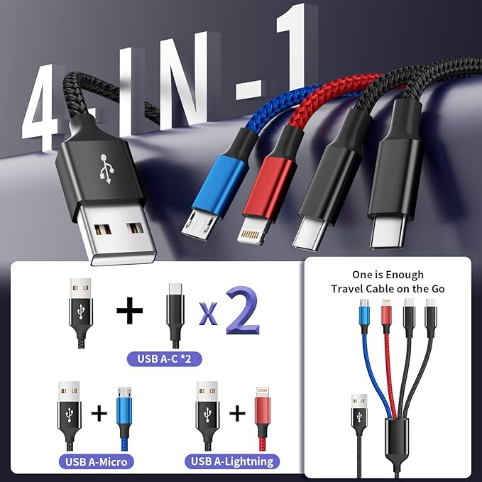 4Packs 5FT Dual Type-C 4 in 1 Multi Charging Cable with 2 USB-C/IP/Micro Port, USB Cable iPhone Charger Cord, Travel Cruise Essentials Car Accessories for iPhone17-8, Galaxy 25 Android iPad, More
