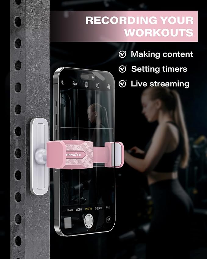 APPS2Car Gym Magnetic Phone Holder, 360 Adjustable, Compatible with 4.7-6.5" Smartphones, Alloy Base and Joint, Gym Accessories for Women, Pink