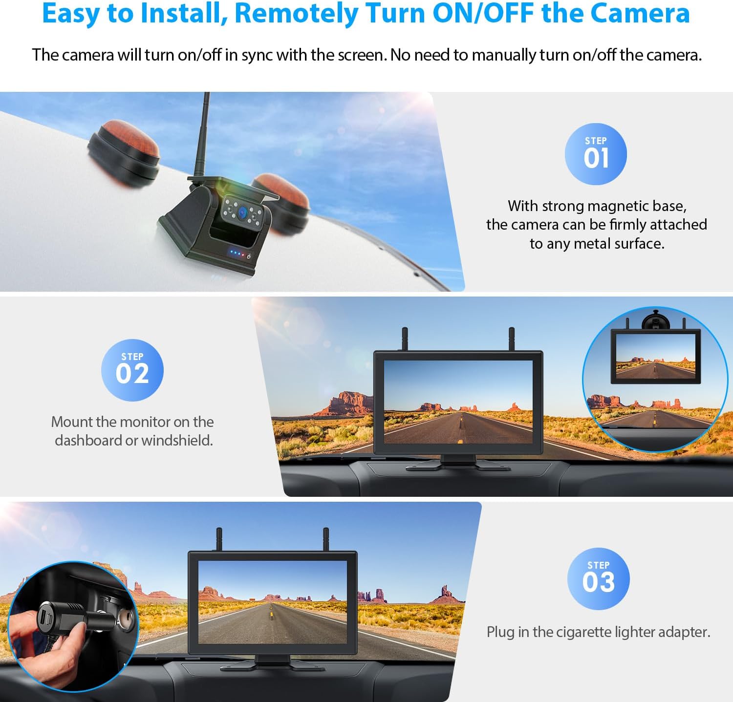 3 Magnetic Solar Wireless Backup Camera HD1080P Loop Recording 10.1 Inch Touchscreen Monitor, Quad RV Rearview Backup Cameras Wireless System for RV Trailer Tractor Truck, BL103