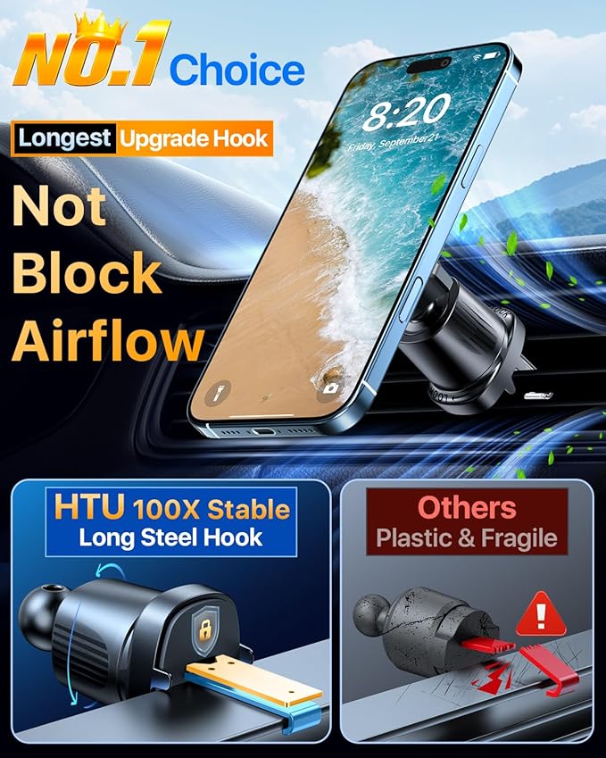 【Military-Grade】HTU for MagSafe Car Mount【Upgraded Strongest Suction】Magnetic Phone Holder Cell Stand for Dashboard Windshield Vent,Truck Cradle for iPhone 17 Pro Max 16 15 14 13 12 Tesla,Silver Gray
