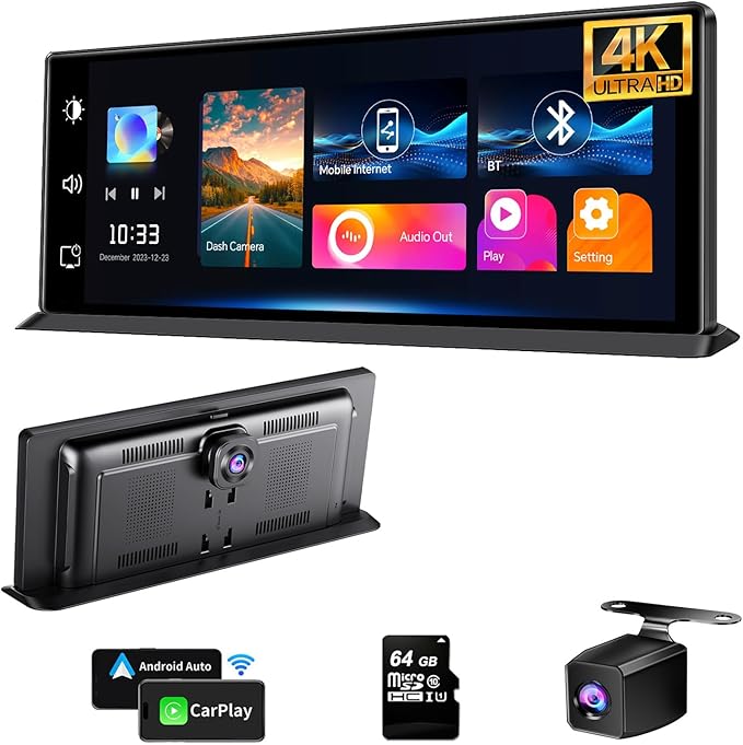 K2 PRO 11.3'' Wireless CarPlay Screen 4K Dash Cam Portable Android Auto Car Stereo Video Recording, Car Audio Receivers 1080P Backup Camera, Bt/GPS Navigation/AirPlay/Siri
