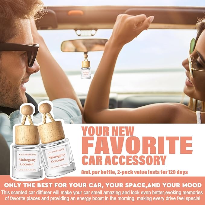 HoogaLife Car Air Freshener Diffuser 2 Pack Hanging Mahogany Coconut Car Air Freshener for Women 45+ Days Long Lasting Fragrance Made in USA (M32)