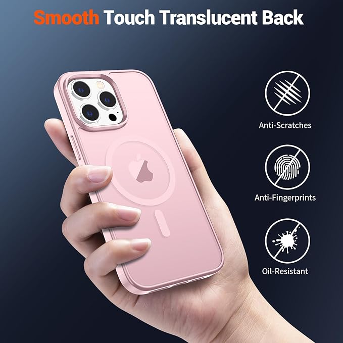 SUPFINE Magnetic for iPhone 13 Pro Case with Screen Protector (Compatible with MagSafe) (Military Grade Drop Protection) Translucent Matte Shockproof Phone Cover,Light Pink