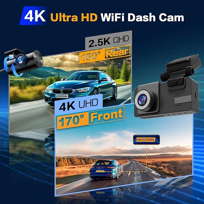 Dashcam Front and Rear Camera, 𝟒𝐊 UHD Dual Channel Dash Cam,WiFi - App Control, G-Sensor, Loop Recording, 170° Wide Angle, Night Vision, 3.6" IPS, S300 Dash Camera for Cars with 32GB Card