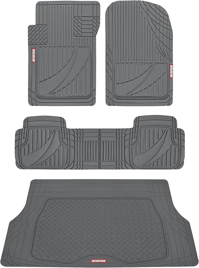 Motor Trend FlexTough™ Heavy Duty Gray Rubber Car Floor Mats All Weather & Cargo Liner for SUV Full Set - Universal Trim to Fit Automotive Floor Mat & Trunk Mats for Cars Interior Accessories