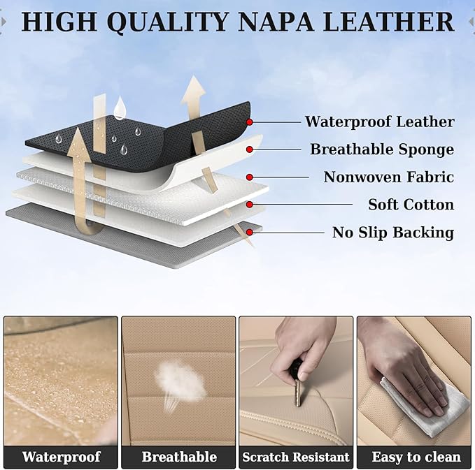 Coverado Front and Back Seat Covers for Cars, Nappa Leather Car Seat Covers, Automotive Seat Covers for Trucks, 5 Seats Waterproof Carseat Protector Car Seat Cover Beige, Universal Fit for Most Cars