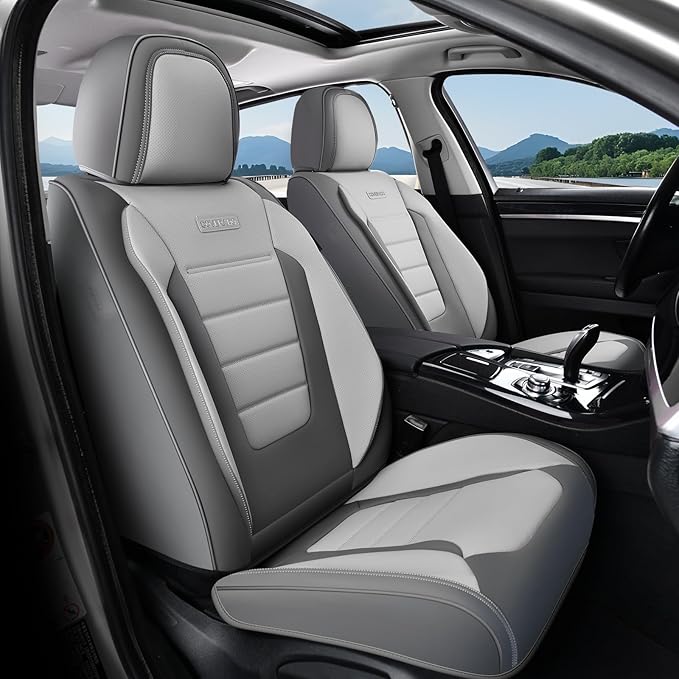 Coverado Car Seat Covers Full Set, Nappa Leather Seat Covers for Cars, Car Seat Protector Car Seat Cushion, Front and Back Seat Protectors Cushions Universal Fit for Most Cars (Gray&Light Gray)