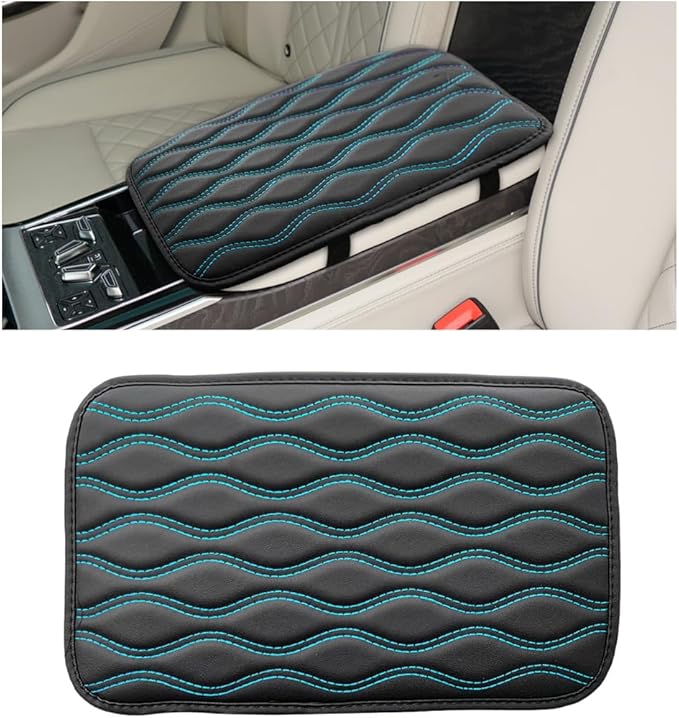 Car Center Console Cushion Pad, 12.48×7.40 Inches Waterproof Car Armrest Seat Box Cover, Comfortable PU Leather Vehicle Armrest Cover Protector, Car Decor Interior Accessories (Black＋Blue)
