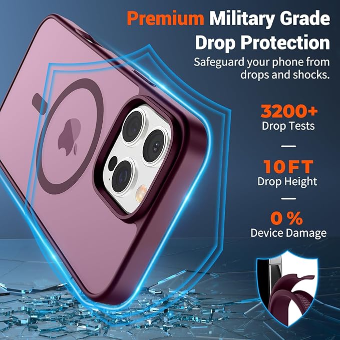 SUPFINE Magnetic for iPhone 16 Pro Max Case (Compatible with MagSafe) (Military Grade Drop Protection) Slim Translucent Matte Shockproof with Anti-Fingerprint Phone Case, Wine Red