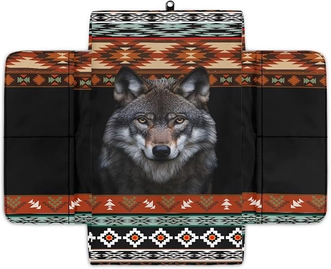 Wanyint Aztec Wolf Black Car Center Console Cover Scratch Resistant Armrest Seat Box Cover with Organizer Pockets Console Lid Protector Cushion Fit for Most Cars Vehicles SUVs