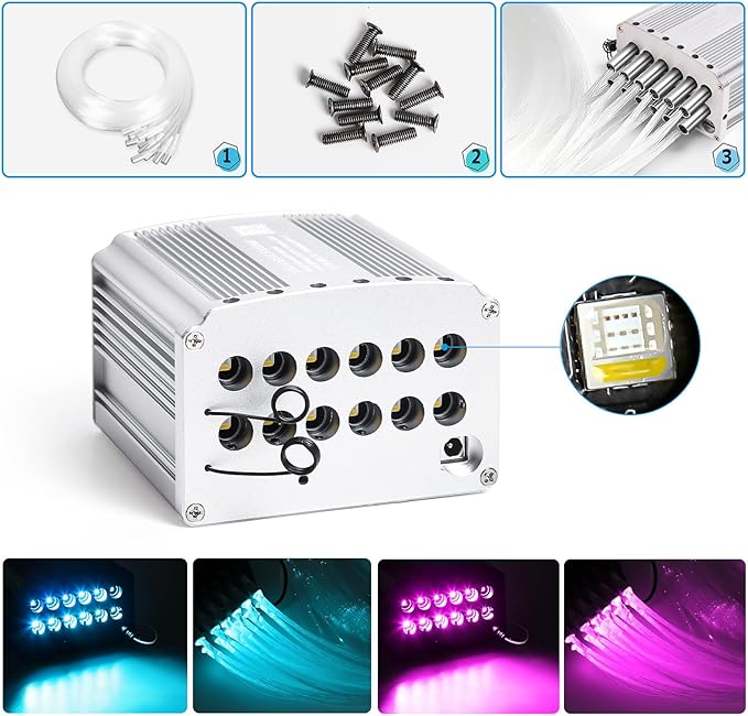 4 Colors 32W Twinkle & Meteor Car Starlight Headliner Kit, 2-in-1 Light Engine 600pcs*0.03in*13.1ft+240 RGBW Fiber Optic Cable Shooting Car Star Roof Lights, Ceiling Star Lights for Car Home Theater