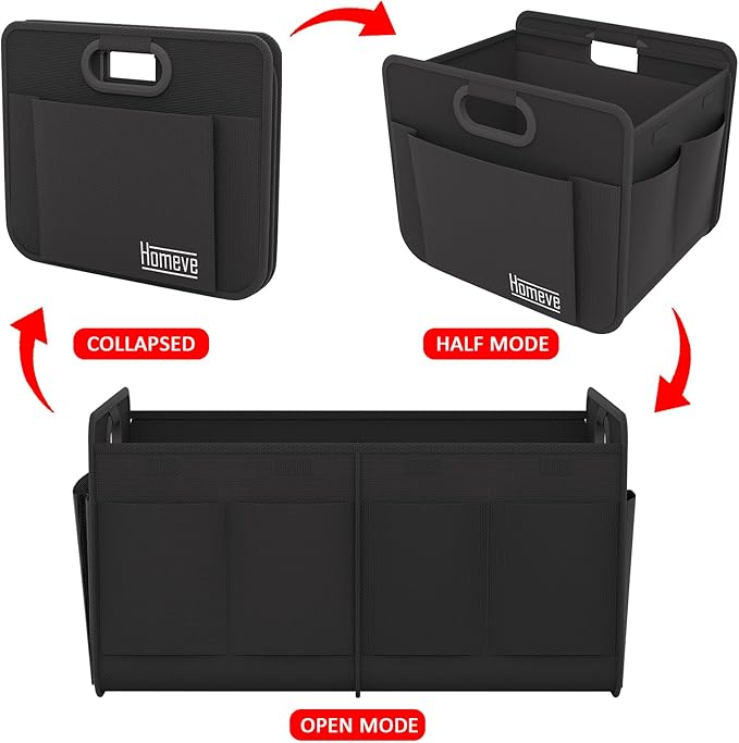 Homeve Trunk Organizer, Car Storage, Reinforced Handles, Collapsible Multi-Compartment, Foldable, Waterproof, Sturdy, 600D Oxford Polyester For Car, SUV, Mini-Van, Black, 2 Compart-Medium