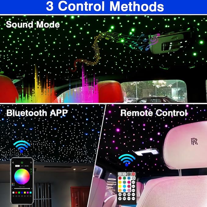 FIREWORK Starlight Headliner Kit, Fiber Optic Lights 10W RGBW Twinkle+Music Effect+APP+Remote, Mixed Diameter Fibers 420pcs of 9.8ft/3m (0.03+0.04+0.06in) for Star Lights for Car/EV & Home Ceiling