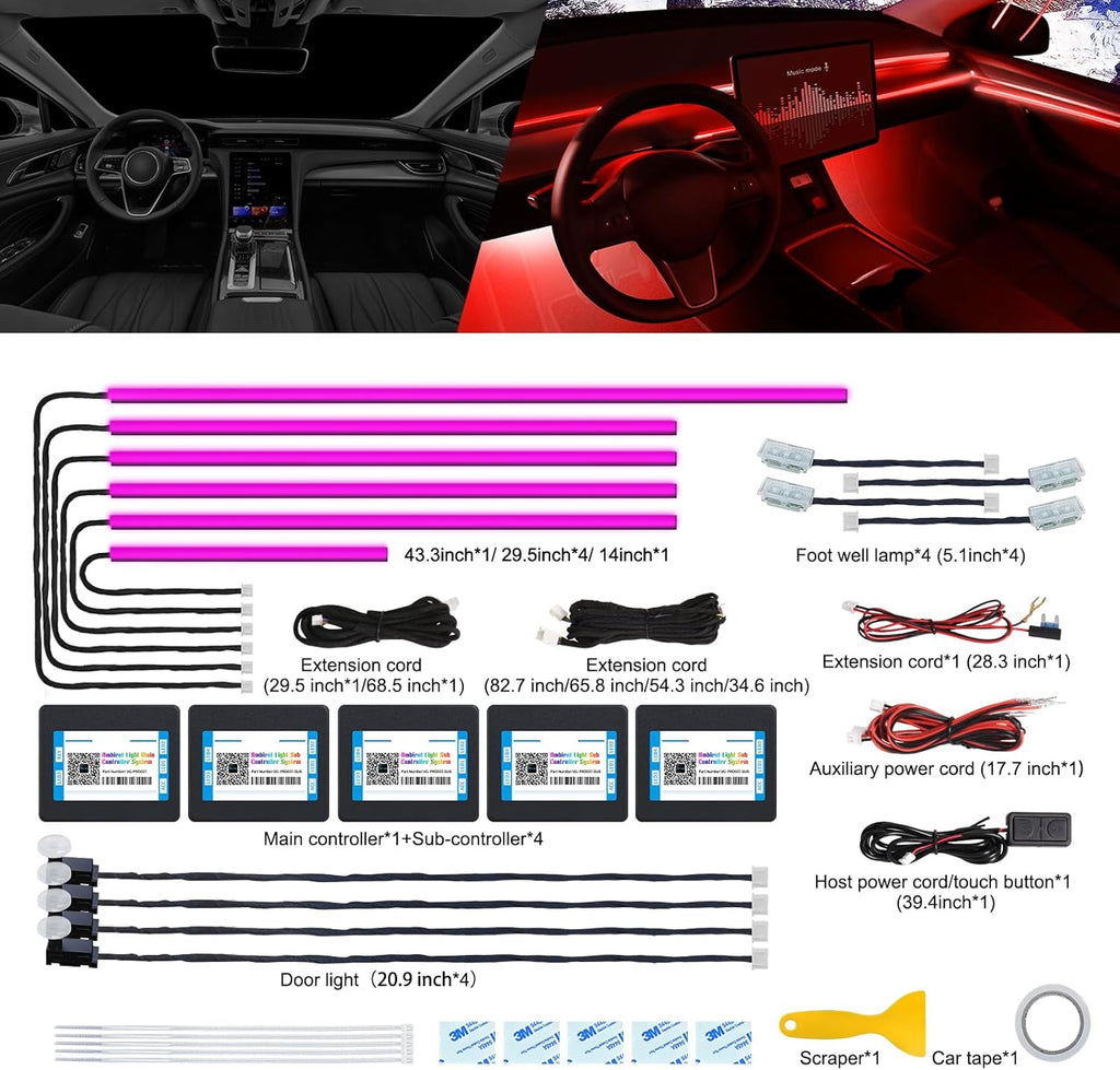 Acrylic Interior Car LED Strip Light with Wireless APP, RGB 14 in 1 with 175 inches 600 LEDs Fiber Optic Car Ambient Lighting Kits, 16 Million Colors Sound Active Function LED Strip for Car