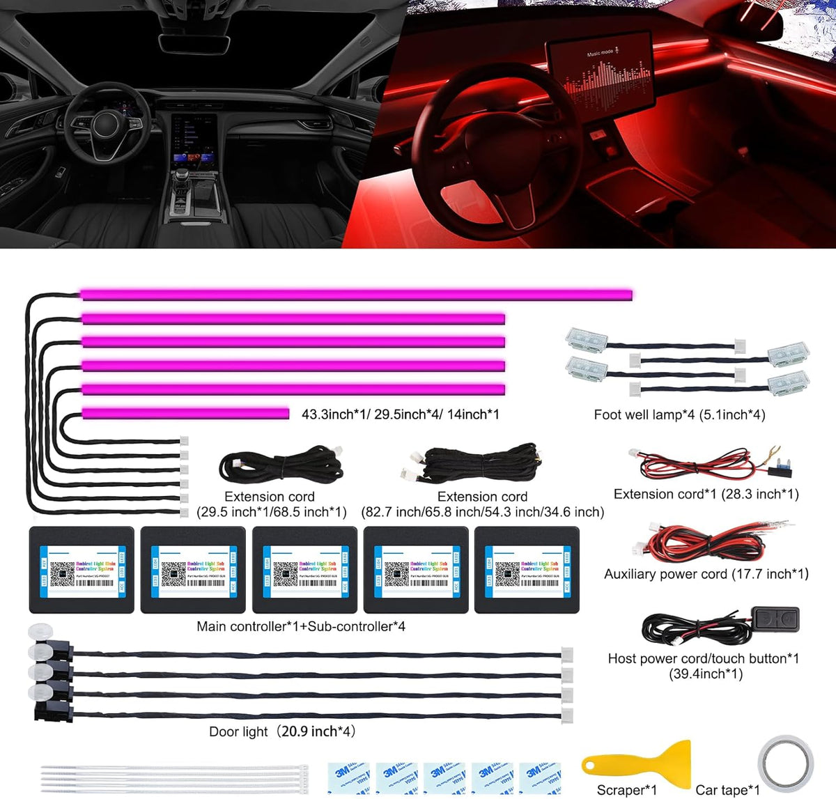 Acrylic Interior Car LED Strip Light with Wireless APP, RGB 14 in 1 with 175 inches 600 LEDs Fiber Optic Car Ambient Lighting Kits, 16 Million Colors Sound Active Function LED Strip for Car