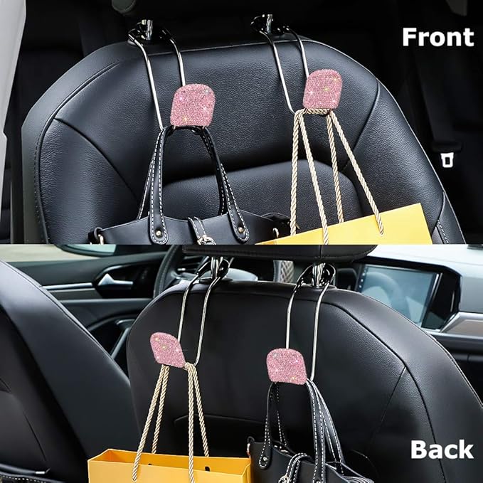 SAVORI Car Headrest Hooks Bling Car Accessories Rhinestones Universal Auto Back Seat Headrest Metal Hanger Organizer Vehicle Holder for Bag Purse Clothes Grocery 2PCS (Pink)