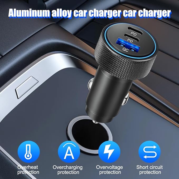 USB C Car Charger, 3-Port 82.5W Dual PD Fast Charging QC Vehicle Power Adapter Cigarette Lighter with Fast Charger Cable, Automotive Charging Accessories, Universal for SUV RV Truck (Black)