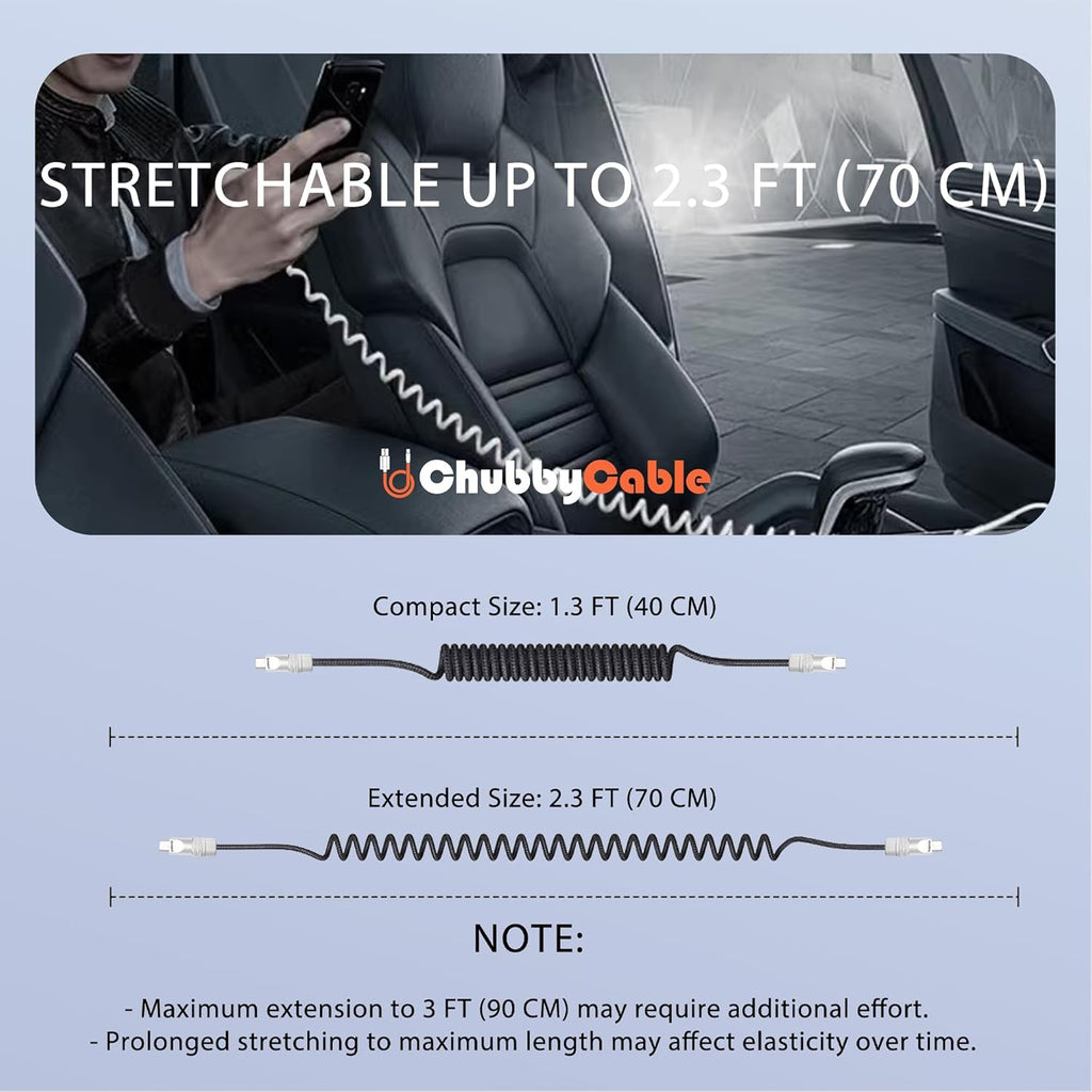 chubbycable Curly Chubby - Retractable Fast Charging Cable 240W Coiled Charger Cord for Car Durable USB-C Cable for Phones, Tablets and More, Orange, Type-C to Type-C, 1.3FT-2.3FT