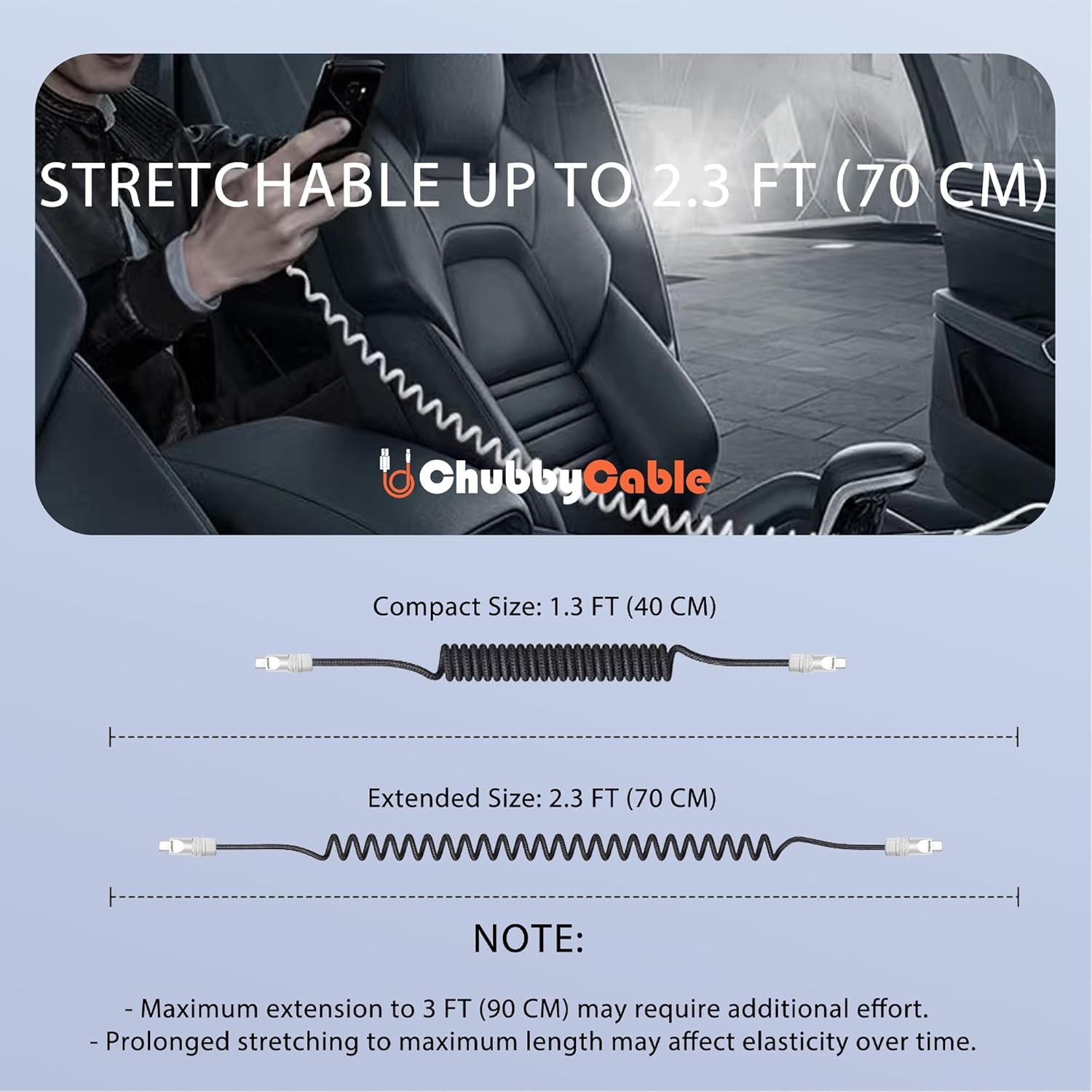 chubbycable Curly Chubby - Retractable Fast Charging Cable 240W Coiled Charger Cord for Car Durable USB-C Cable for Phones, Tablets and More, Pink, USB-A to Type-C, 1.3FT-2.3FT