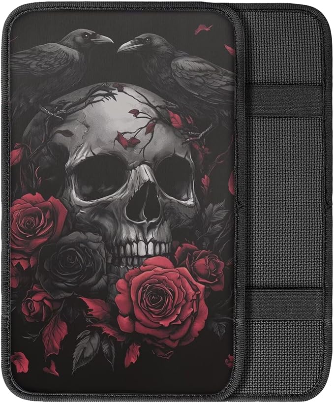 Dreaweet Red Rose Skull Arm Rest Cover for Car Women Goth Car Accessories Center Console Cushion Pad Anti Scratch Universal Armrest Cover for SUV Sedan