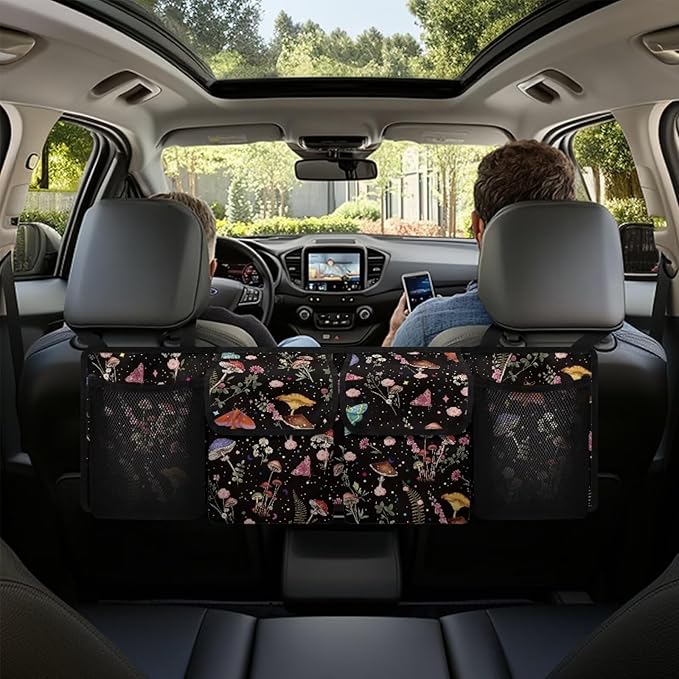 Mushroom Trunk Organizer for Car Women Oxford Cloth Back Seat Car Organizer Adjustable Car Back Seat Organizer with 4 Pockets, Space-Saving Car Organizers Storage Bag for SUV/MPV/Truck