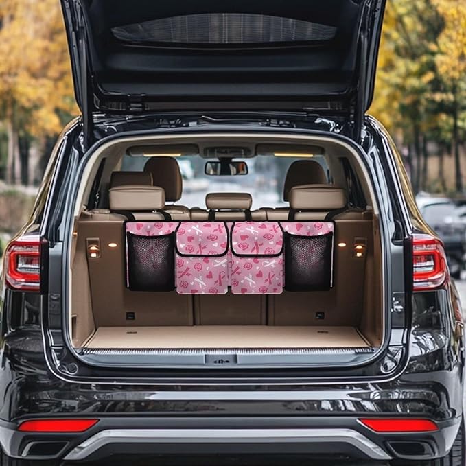 Pink Ribbon Roses Car Trunk Organizer Bag Car Back Seat Storage Bag with 4 Pockets Automotive Interior Accessories for SUV MPV Sedans Pickup Jeep Trucks