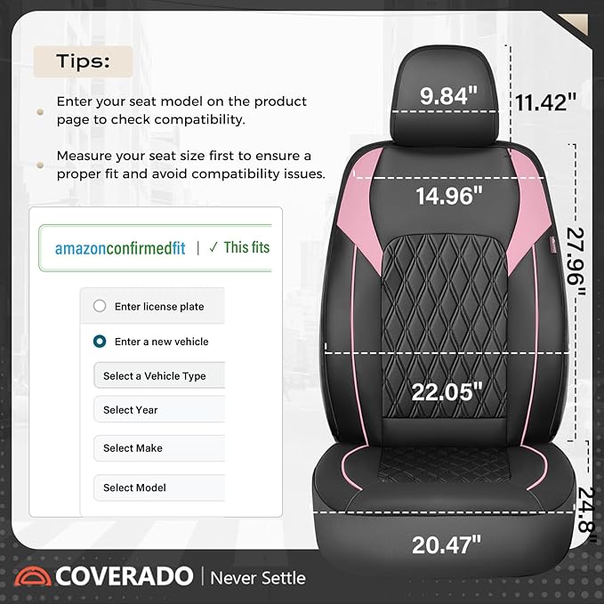 Coverado Seat Covers, Car Seat Covers Full Set, Car Seat Cover, Car Seat Covers Front Seats and Back, Waterproof Car Seat Cushion, Faux Leather Car Seat Protector Universal Fit Most Cars, Black&Pink