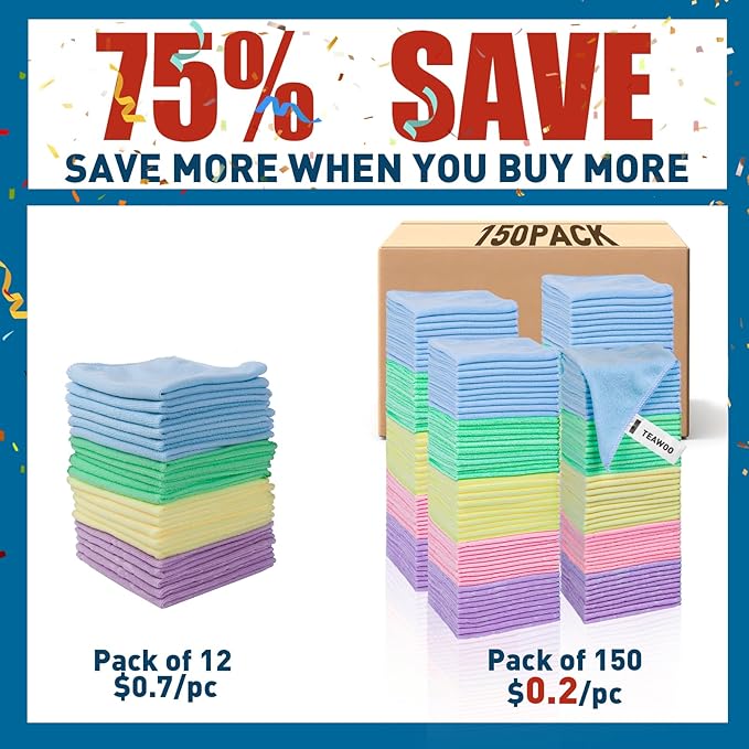 TEAWOO Microfiber Towels Bulk-150 Pack, Cleaning Cloths, Microfiber Towels for Cars, Cleaning Rags 5 Colors Assorted (12x12 inches)