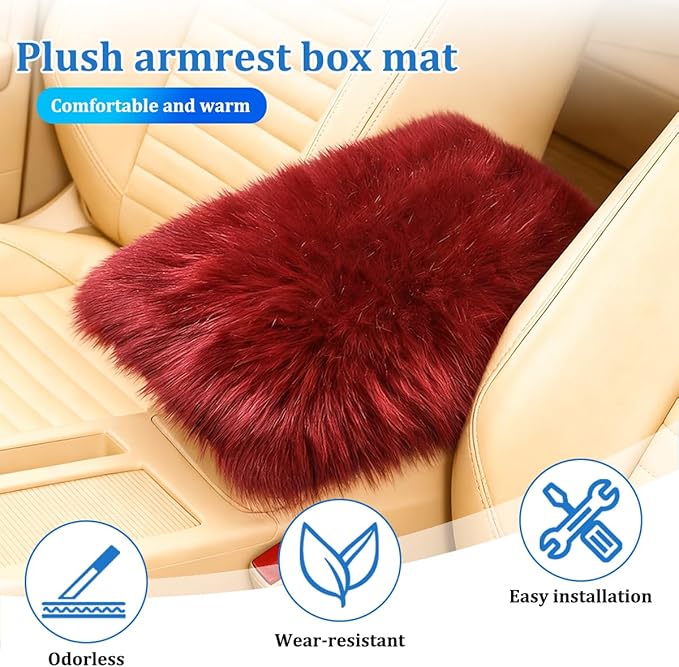 Car Center Console Cover, Fluffy Soft Vehicle Middle Console Arm Rest Cushion Pad, Furry Automotive Interior Armrest Seat Box Protector Decoration Accessories, Universal Fit (Wine Red)