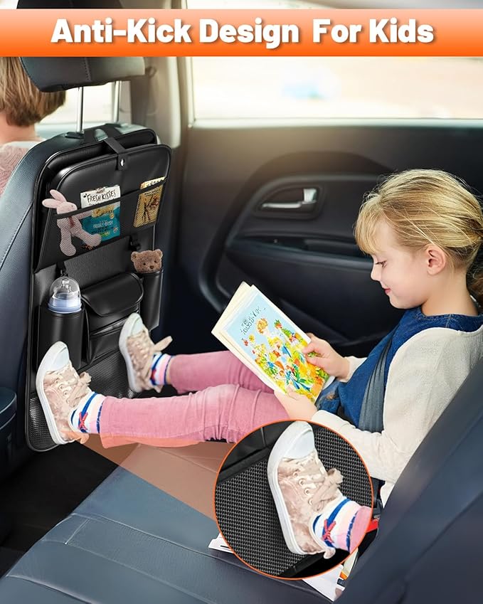 2 Pack Leather Car Backseat Organizer with Foldable Table Tray, Garbage Bag Hook, Protector Kick Mats for Kids, 8 Large-Capacity Pocket, Universal Car Seat Protector for Kids, Pets & Travel