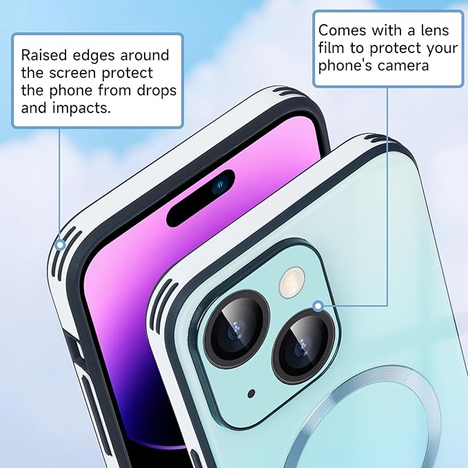 Guppy Compatible with iPhone 15 Case Magnetic, with Full Camera Lens Protector [Compatible with MagSafe] Scratch Resistant Gradient Glass Back Cover Phone Case-Blue