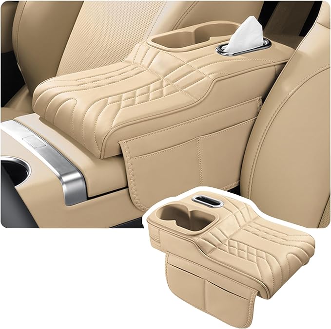 Car Armrest Storage Box for Cadillac SRX 2004–2016 2013 2014 2015, Sport-Style Center Console Organizer with Side Pocket, PU Leather Armrest Cushion, Elbow Support Pad,D Beige